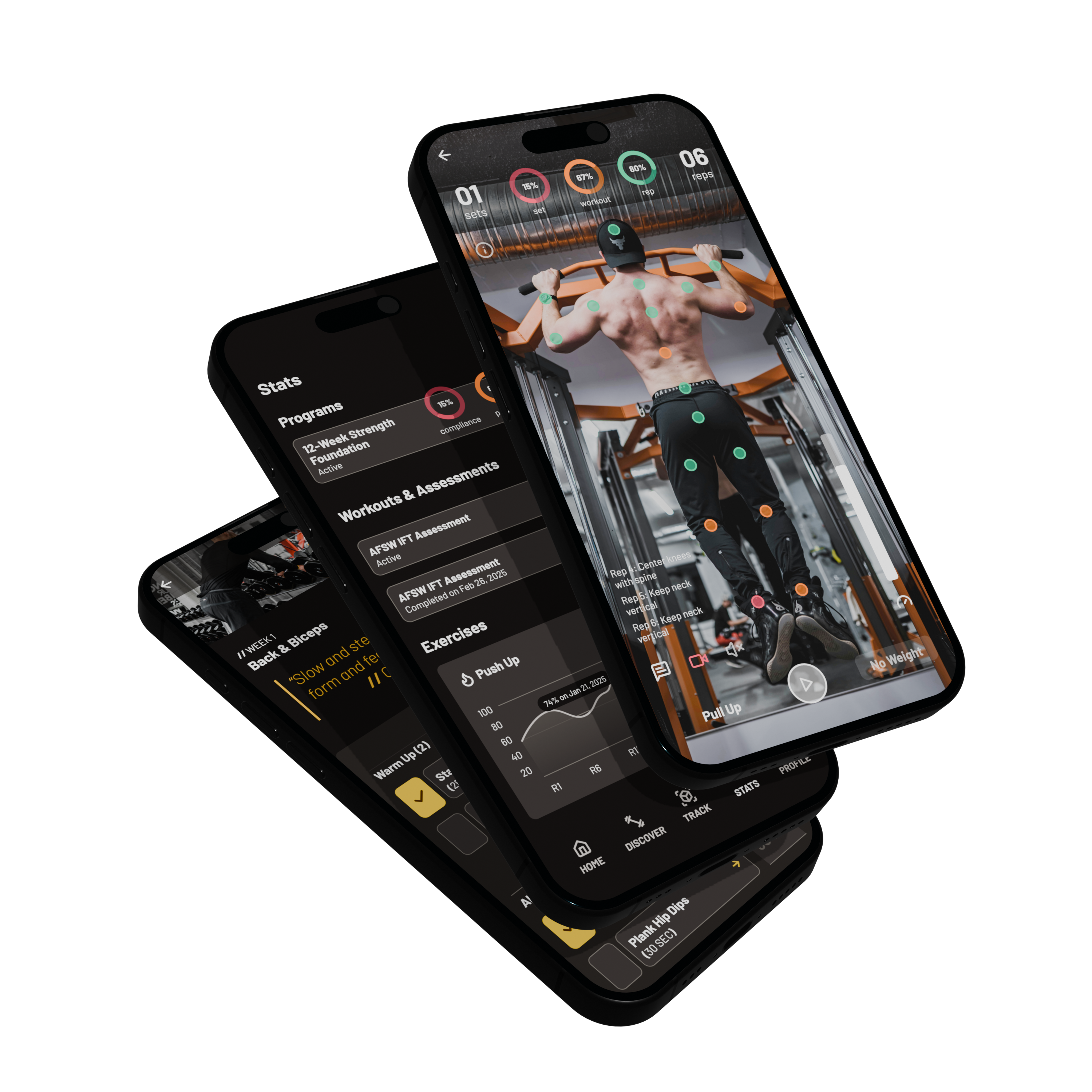 POSE product screens — motion tracking, stats, and workout planning